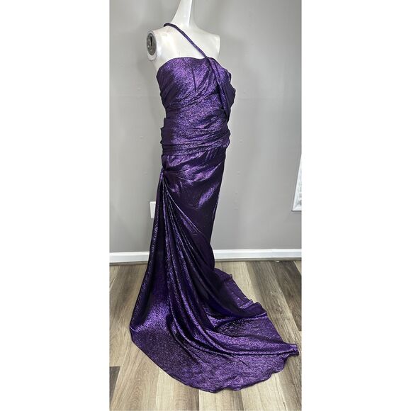 NWT OSCAR DE LA RENTA One-Shoulder Draped Silk-Blend Lamé Gown Size 10 $7995 - Picture 8 of 9